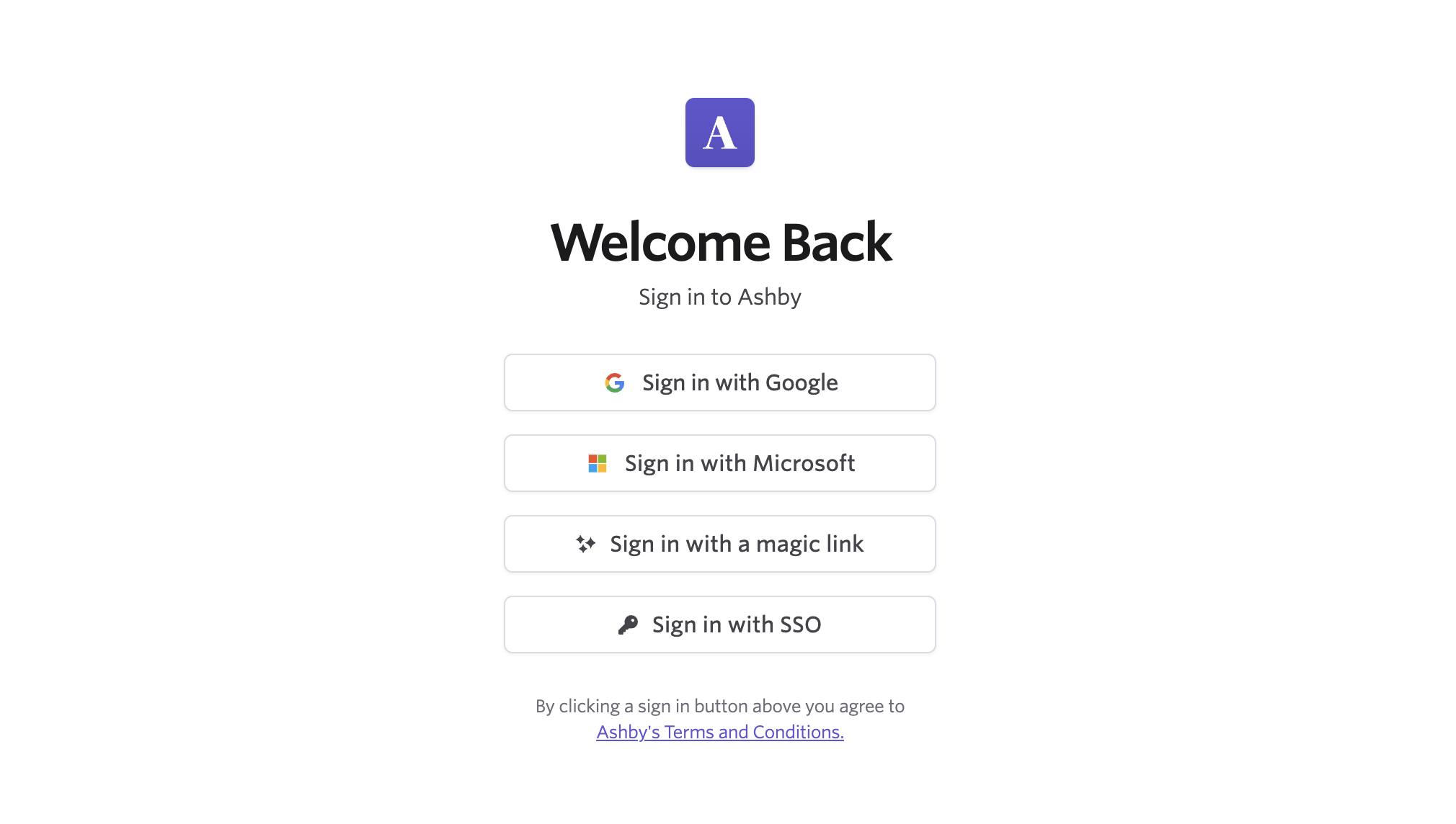 Ashby login options screen