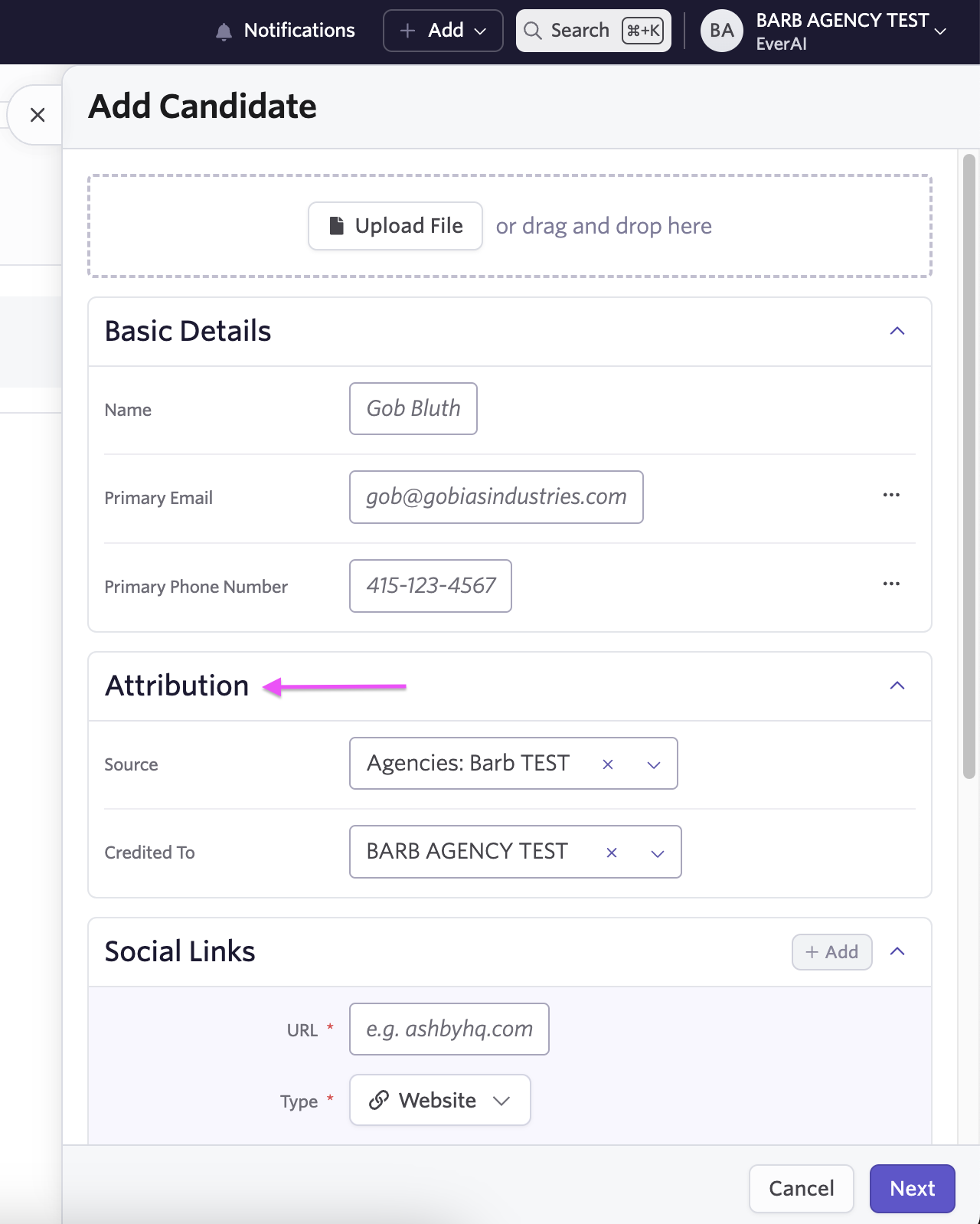 Ashby candidate attribution screen