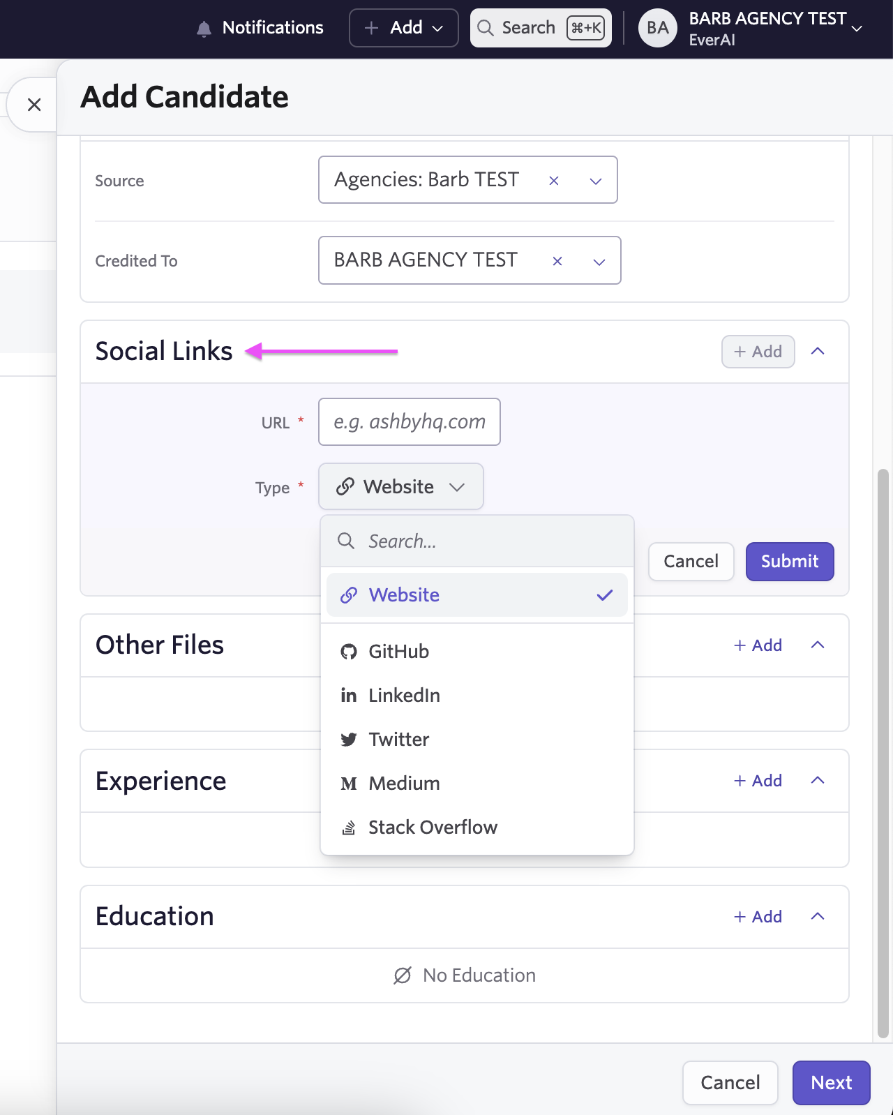 Ashby social links screen
