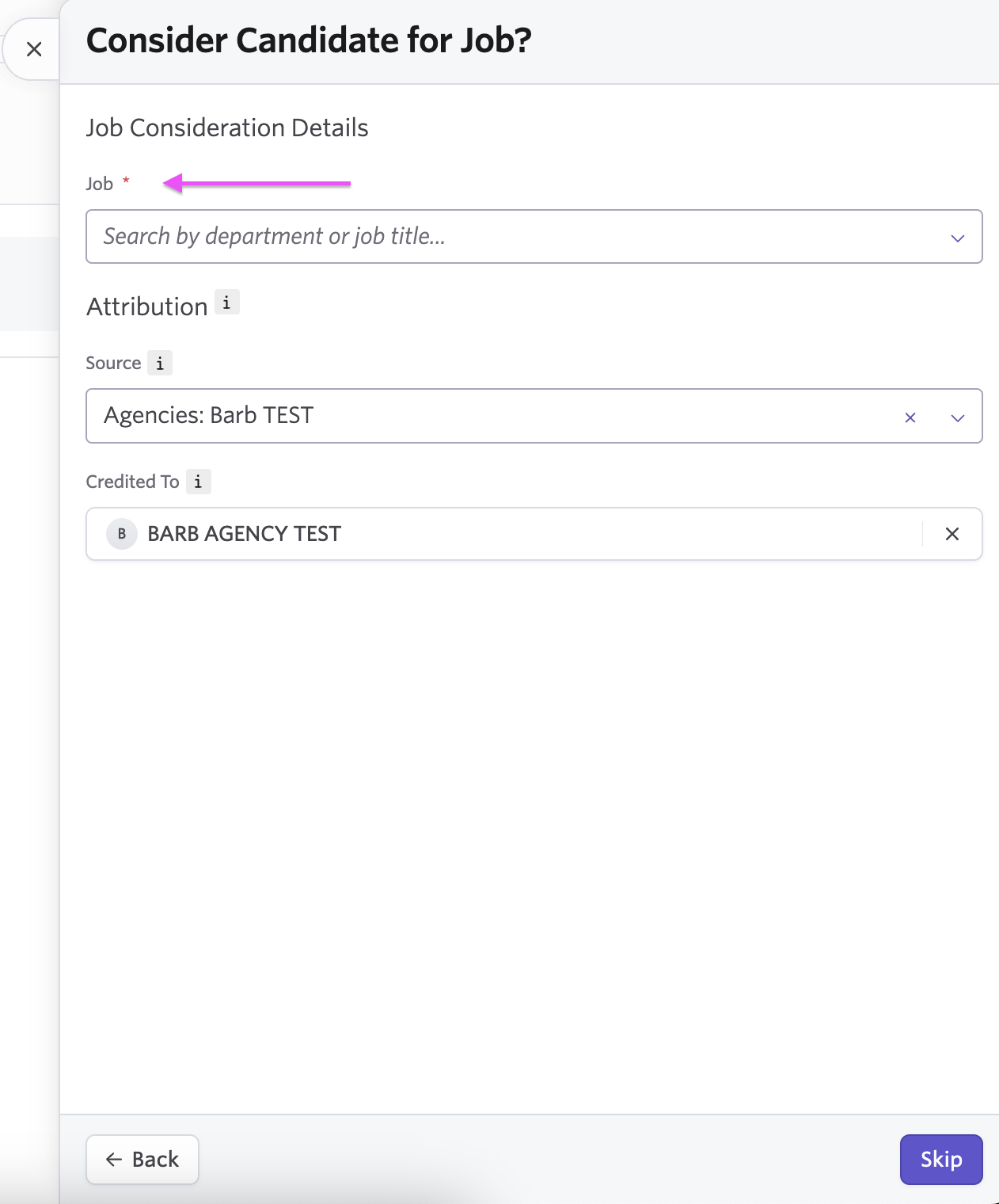 Ashby add to job screen